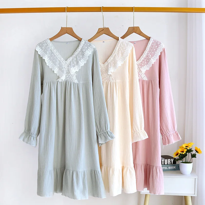 Princess Nightdress Cotton Spring Autumn Double Gauze V-Neck Lace Long Sleeve Washed Crepe outdoor over The Knee Home nightgown