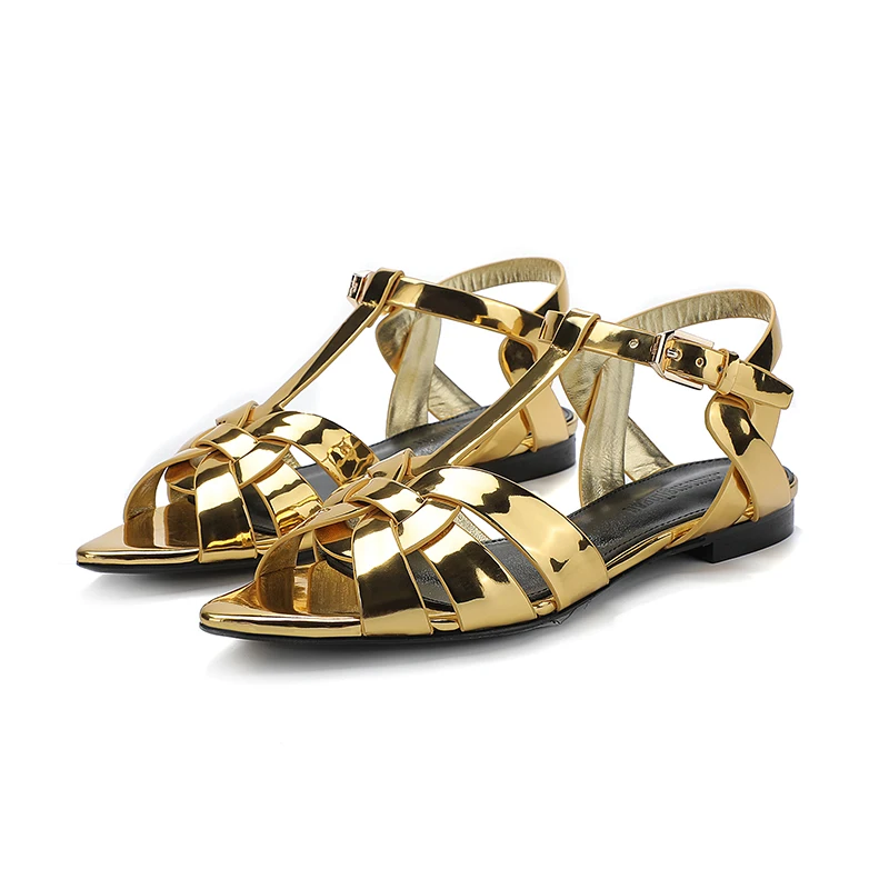 2023 New Fashion Casual Women's Genuine Leather Pointed Flat Bottom Sandals Patent Leather Brand Outdoor Women's Single Shoe