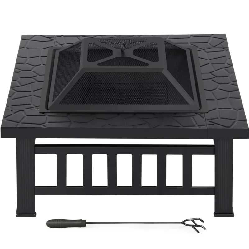 

Outdoor 32" Square Metal Fire Pit Table with Spark Screen, Black