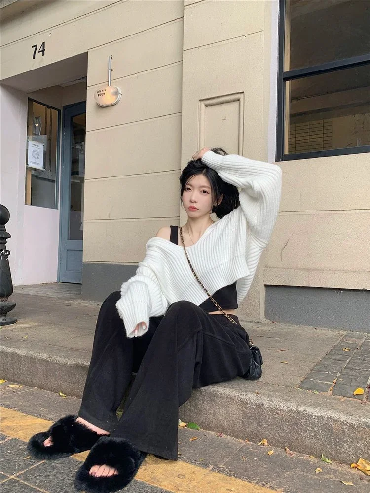 Женский свитер с открытыми плечами Y2k свободный уличный пуловер длинным рукавом