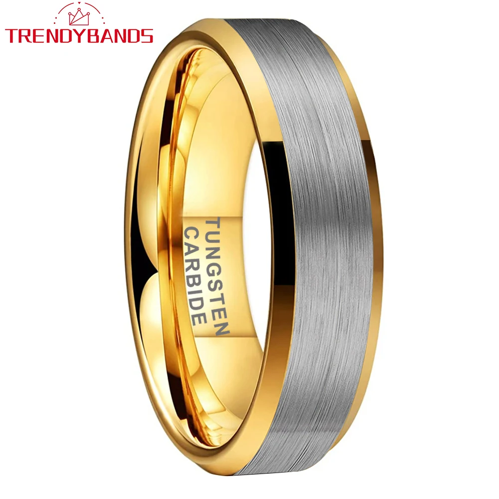 

6mm Gold Mens Womens Tungsten Carbide Engagement Ring Wedding Band Beveled Edges Brushed Finish Comfort Fit