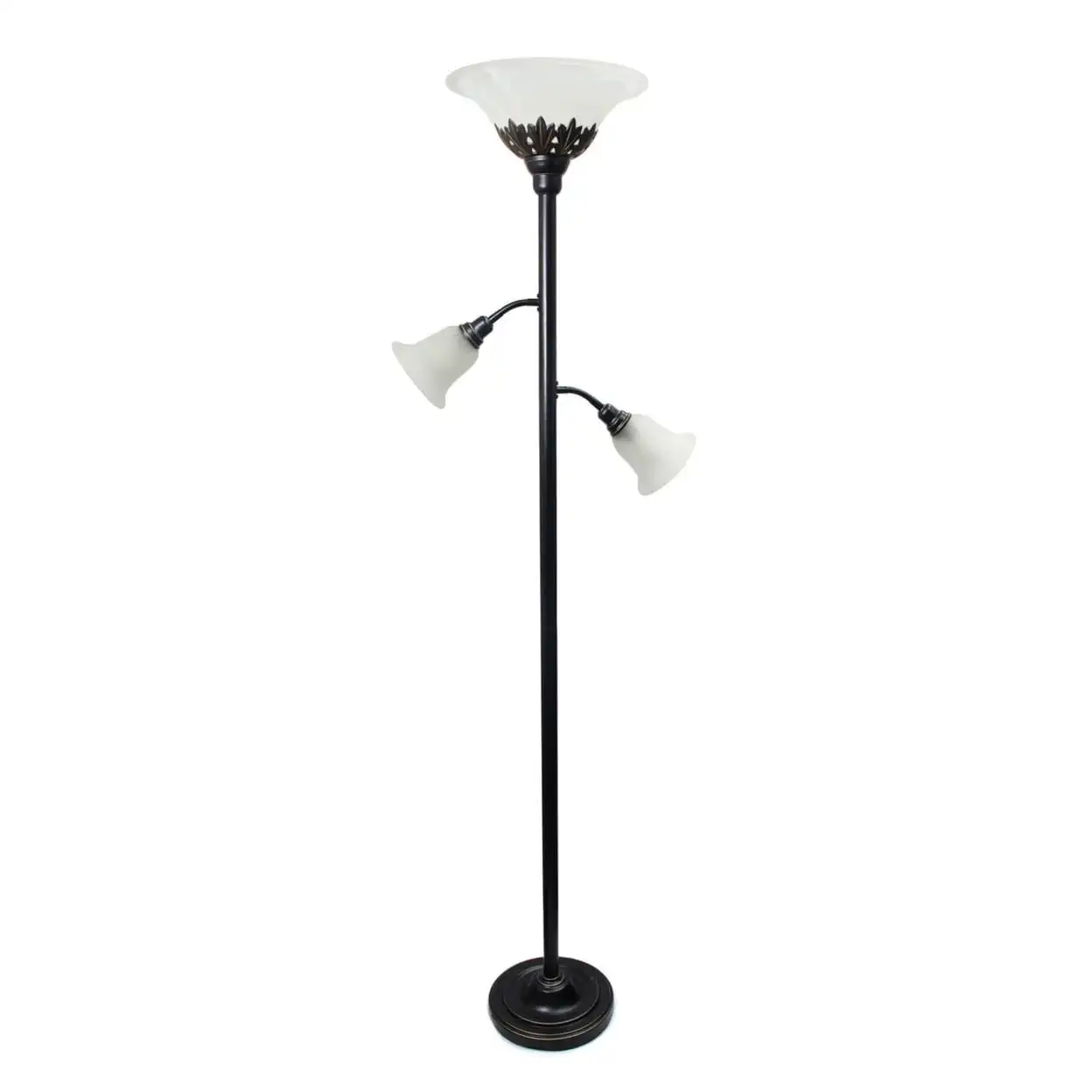 

HMTX 3 Light Floor Lamp with White Scalloped Glass Shades, Restoration Bronze and White