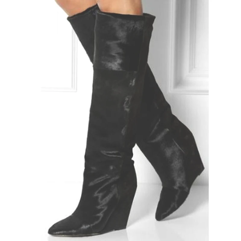 Fashion Patchwork Horse Hair Hidden Wedge Knee Boots Pointy Toe Slip On  Women knight Botas Mujer Black Horsehair Long Boots