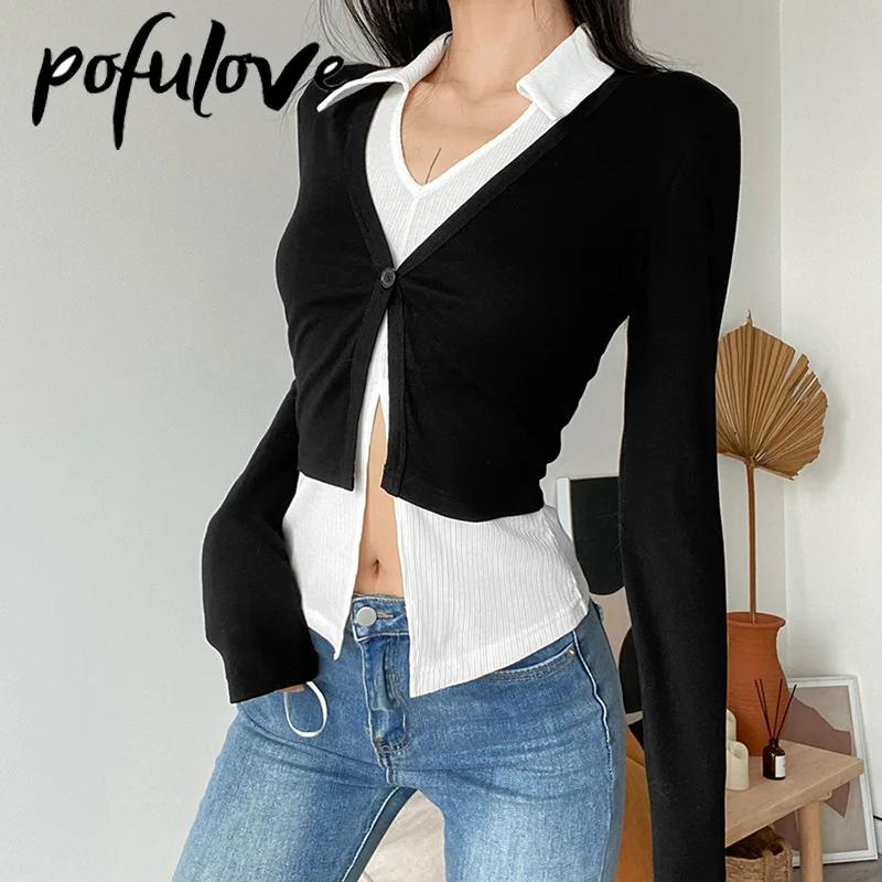 

Slim Fake Two Piece Tops for Women Long Sleeve Sexy Vintage Jumper T-shirt Contrast Color Stitching V-neck Casual Shirt Pullover