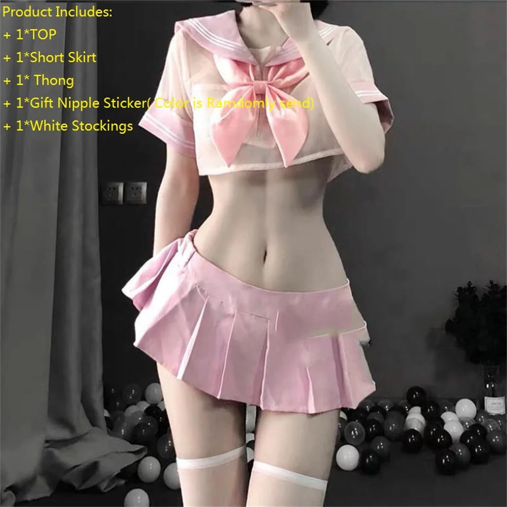 

Sexy Cosplay Costume Student Sailor With Black And Pink Color Uniform Kwaii Transparent Lolita Top Skirt Panty Erotic Roleplay