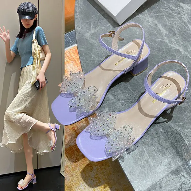 Summer Women French Rhinestone Bow Thick With Transparent Joker Sandals.
