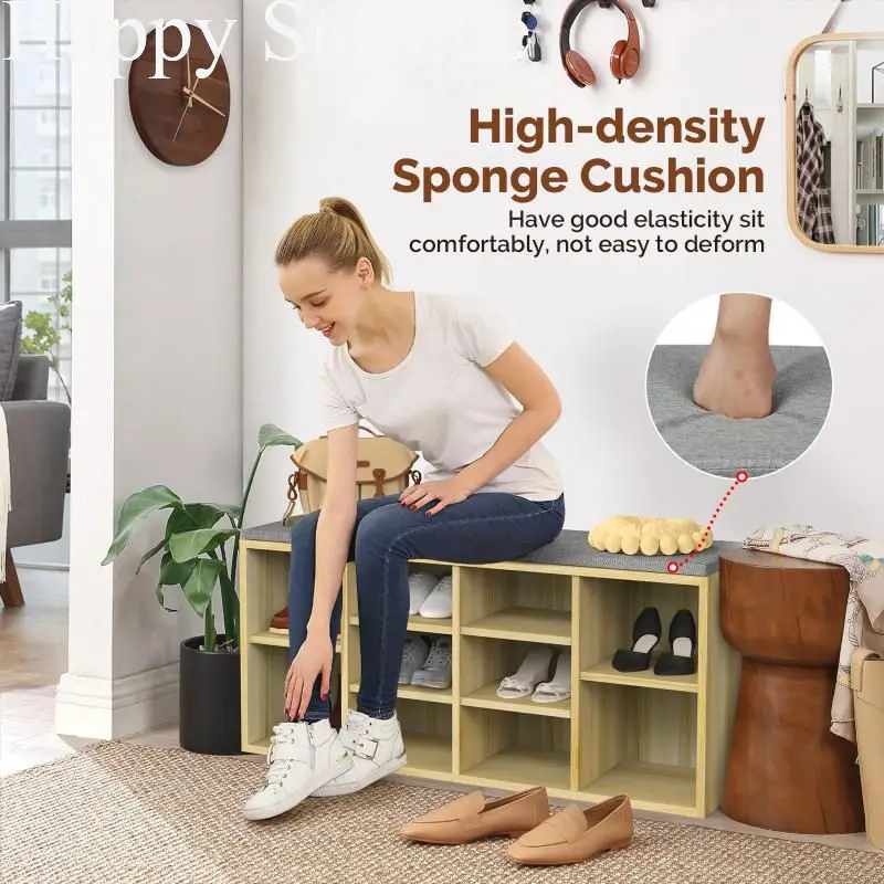 

10grids Shoes Shelfs Wooden Shoe Cabiniet Rack With Cushin Convenient Bags Holder 2in1 Bench Living Room Furniture