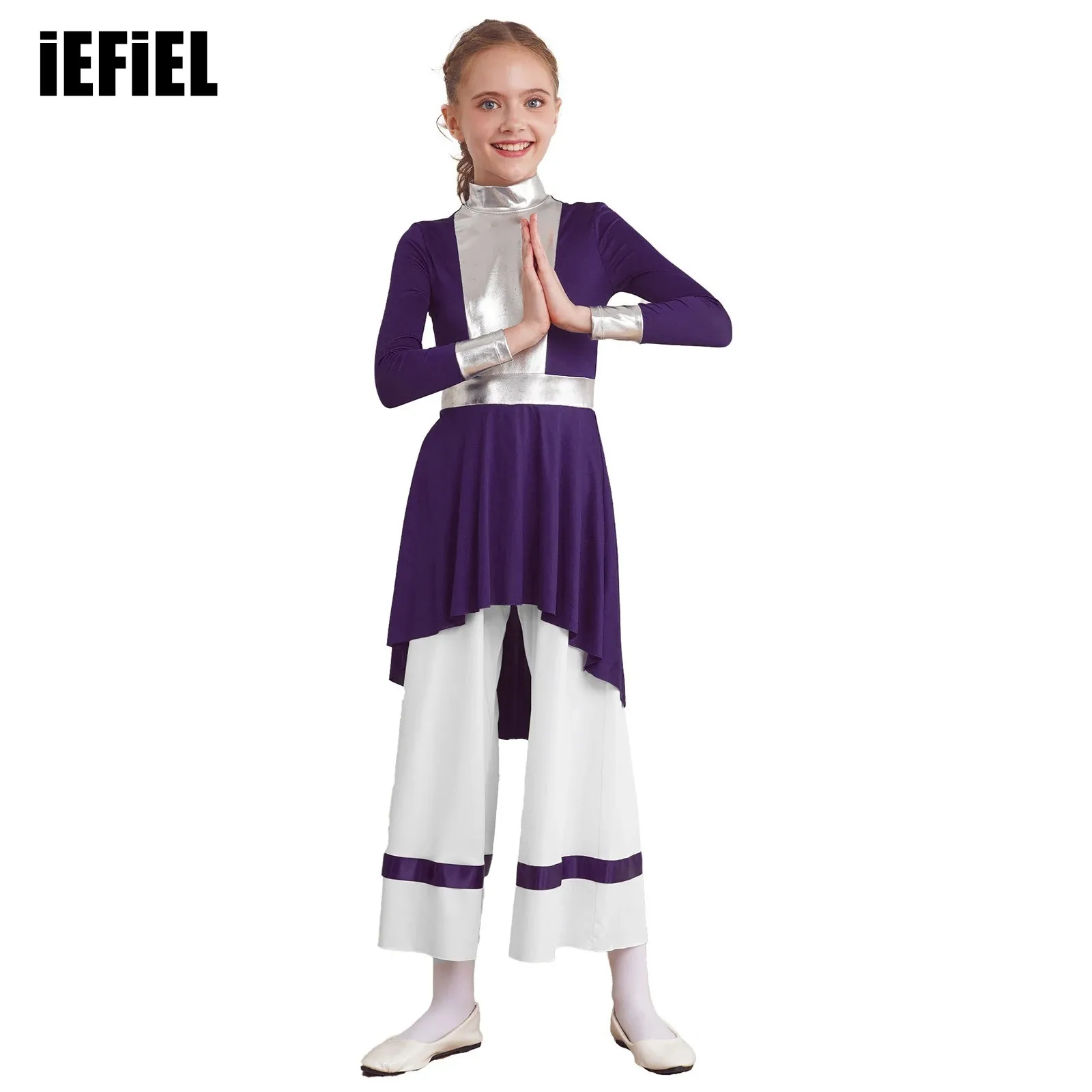 

Kids Girls Praise Skirted Jumpsuits Long Sleeve Metallic Color Block Patchwork Wide-Leg Bodysuit Liturgical Celebration Costume
