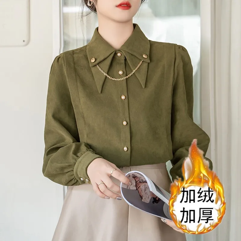 

Осенне-зимняя плюшевая и плотная Вельветовая рубашка с начесом 2023 дизайнерская Толстая рубашка в стиле ретро с длинными рукавами и цепочкой