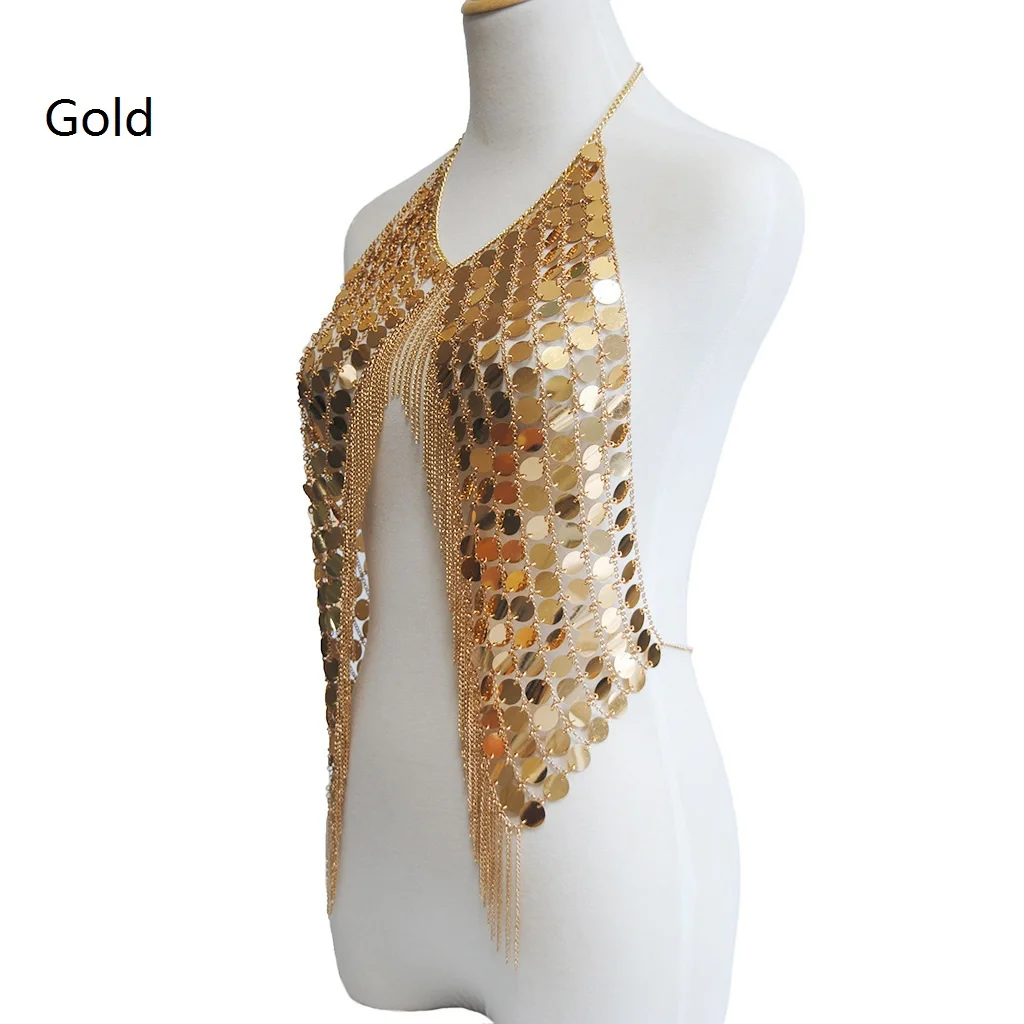 Металлический кроп-топ с золотыми блестками ювелирные изделия для тела цепочка