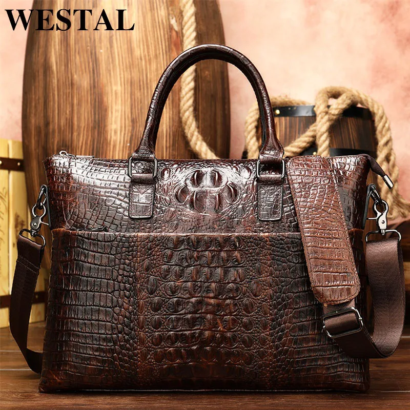 

WESTAL Men Briefcase Men's Bag Leather Office Bags for Men Laptop Bag Leather Briefcase Men Croco Design Computer Bags