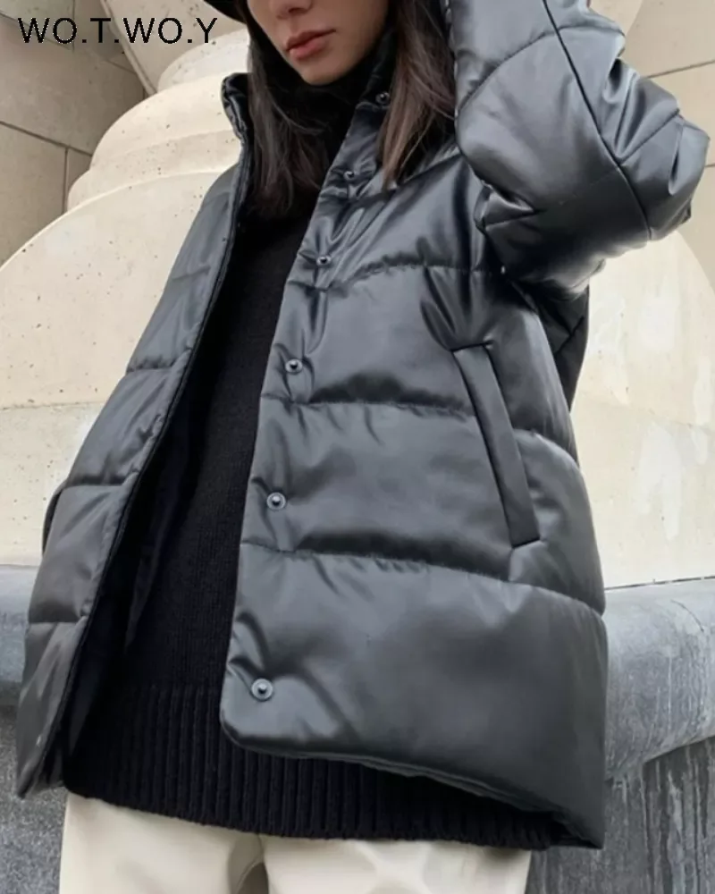 

2023New Cotton Liner Winter Leather Jacket Women Casual Thickening Padded Parkas Womens Loose Warm Black Coats Female Windbreake