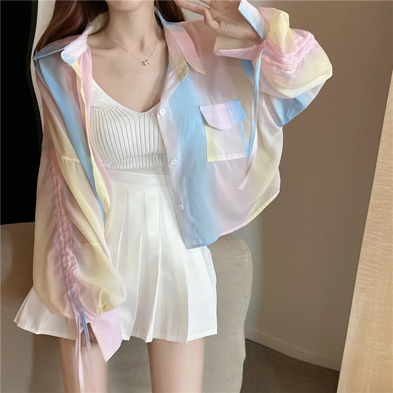 

Gradient Rainbow Shirts Women Sun-proof Drawstring Translucent Long Sleeve Shirts Cardigan+knitted Sling+Pleated Skirt 689D