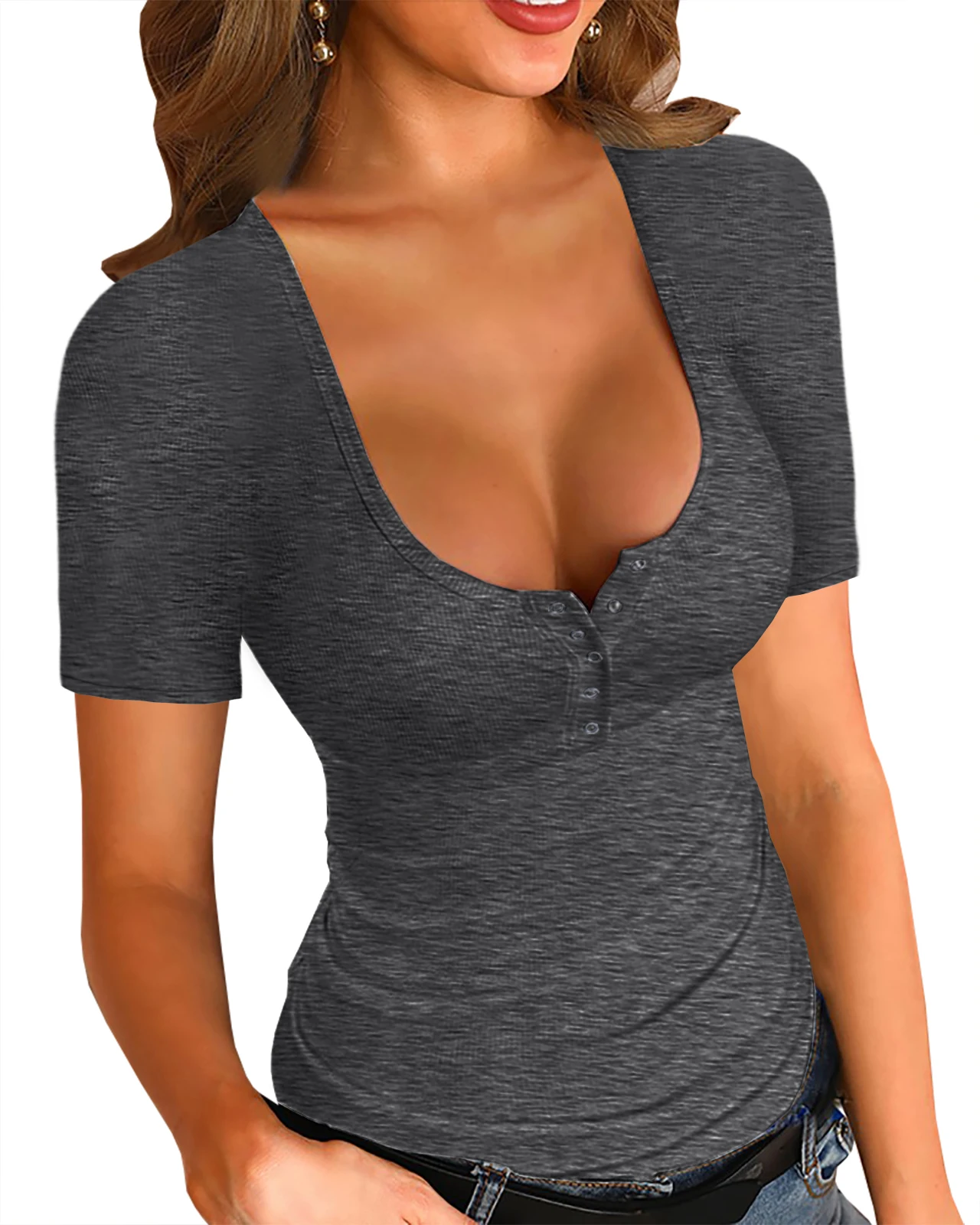 

Womens Short Sleeve Button Down Shirts Low Cut Sexy Scoop Neck Fitted Ribbed Knit Henley Tops