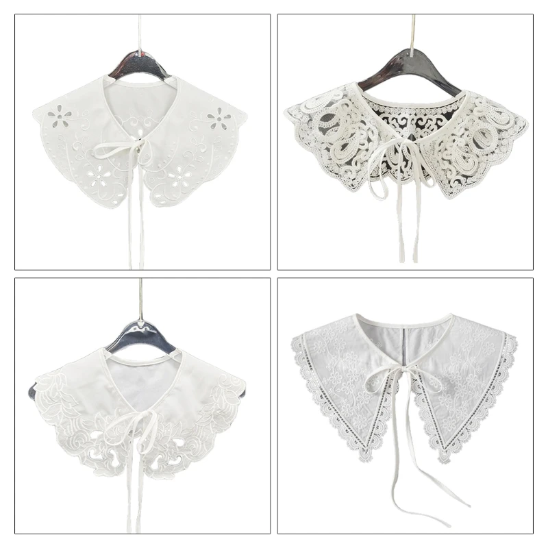 

Women Hanfu Decorative False Collar Shawl Hollow Out Lace Embroidery Floral Necklace Sunscreen Self-Tie Bow Dickey Short Poncho