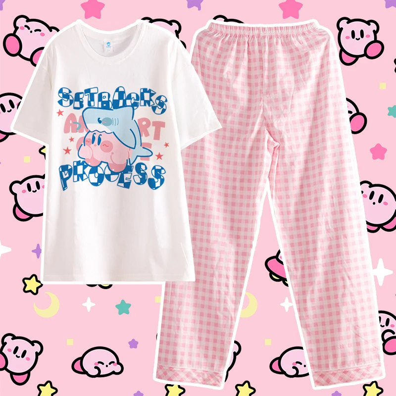 

Cute Star Kirby Pajamas Women's Summer Short Sleeve Long Pants Round Neck Loose Cotton Cartoon Home Furnishings