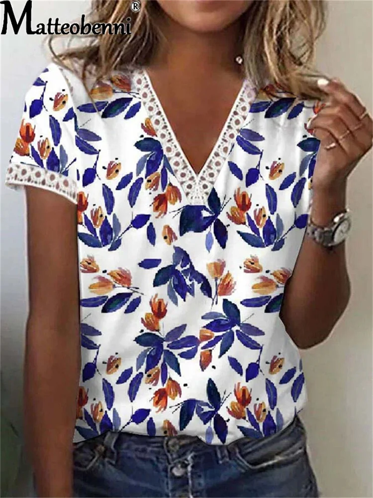 

Summer New Lace Stitching Petal Sleeve V-Neck Short-Sleeve T-Shirt Women's Fashion Casual Loose Floral Print Vintage Blouse Tops