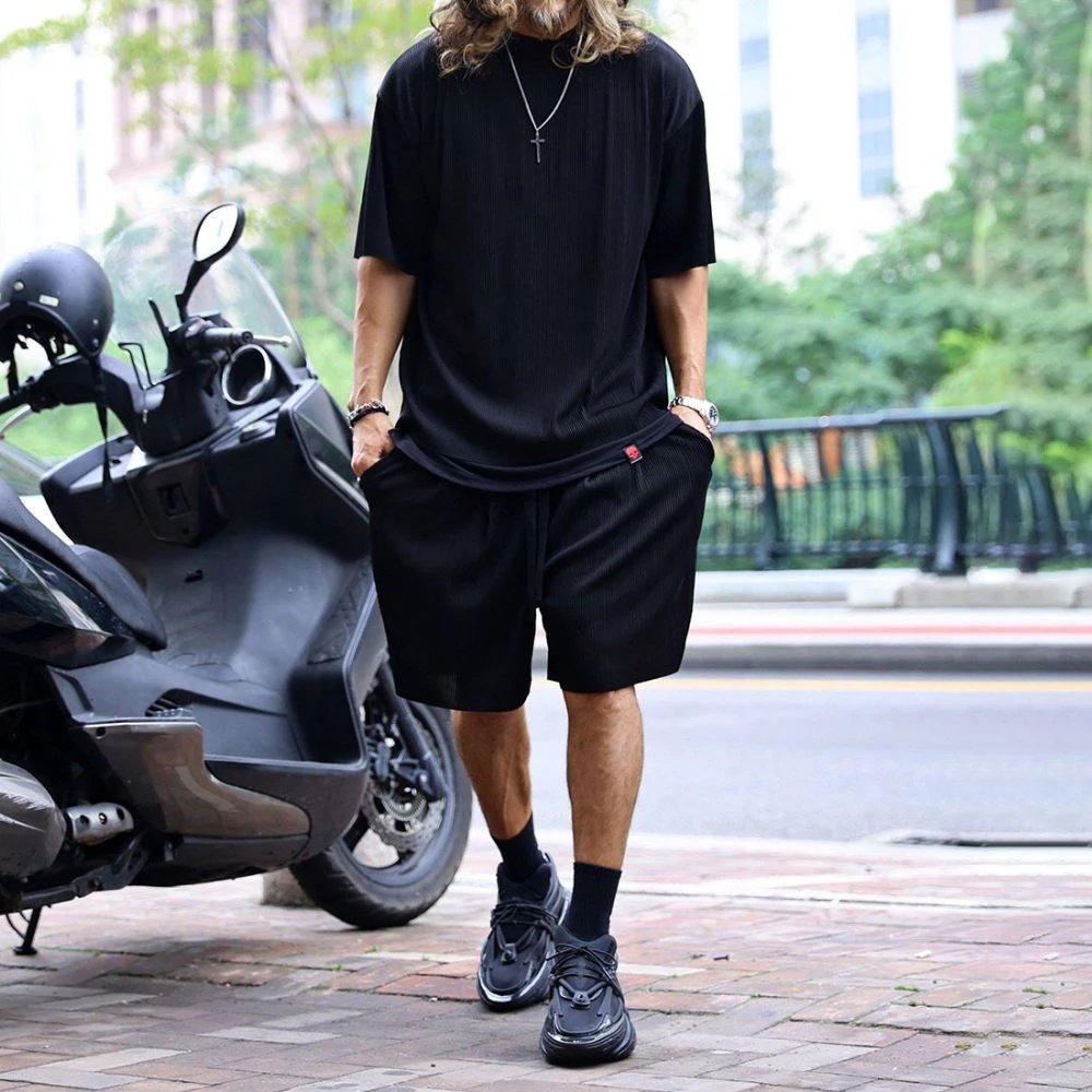 Men Set Suit Summer Stripe Loose Short Sleeve Short Sleeve Solid Harajuku Streetwear Oversize Casual Beach Breathable