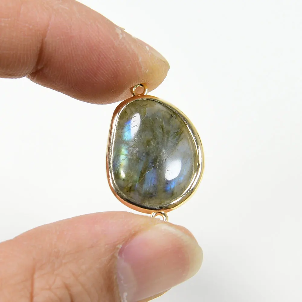 APDGG 5 Pcs Natural Labradorite Smooth Double Bail 24K Gold Plated Bezel Sets Connector Pearl Necklace Pendant Jewelry DIY