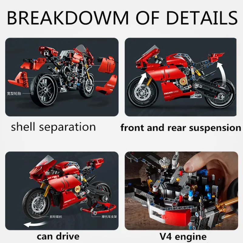 Технологичный конструктор мотоцикла Ducati MOC 42107, модель локомотива, механическая сборная модель из кирпичиков, игрушка для детей, подарок 10272 (art.: 3920d8ef4ea04) - 3920d8ef4ea04
