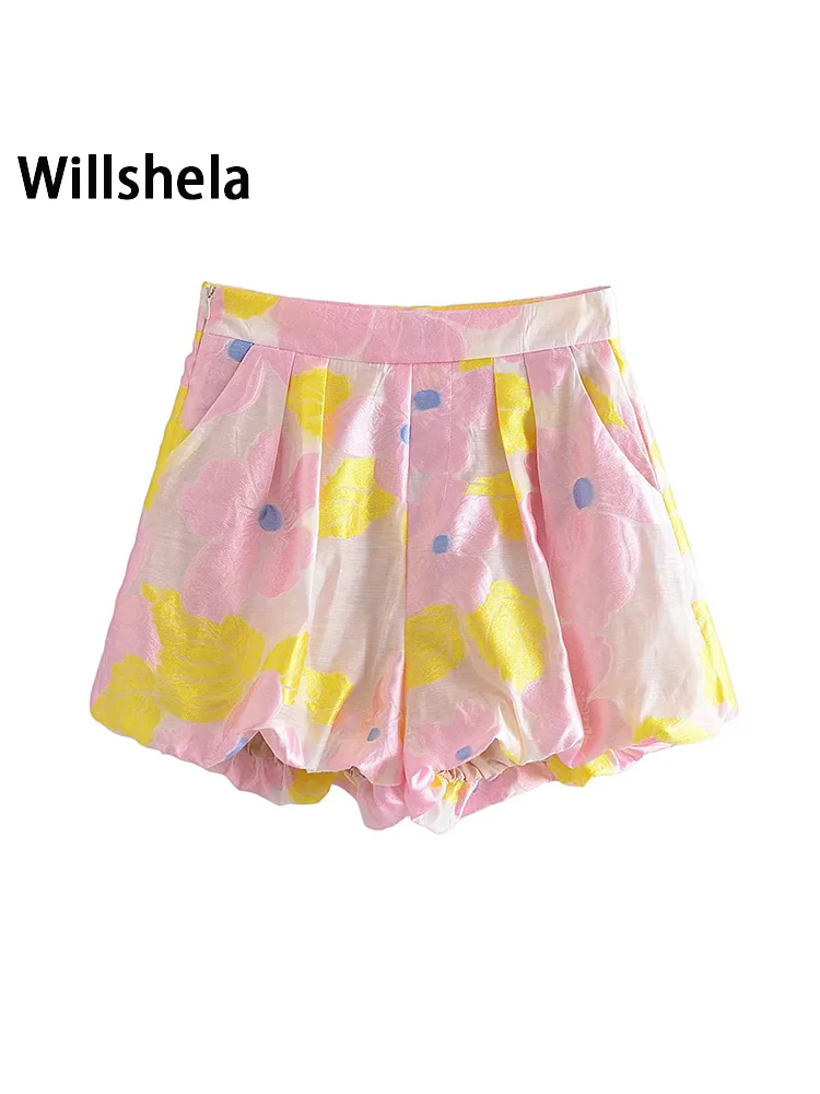 

Willshela Women Fashion Printed Side Zipper Skirts Shorts Vintage High Elastic Waist Female Chic Lady Short Pants