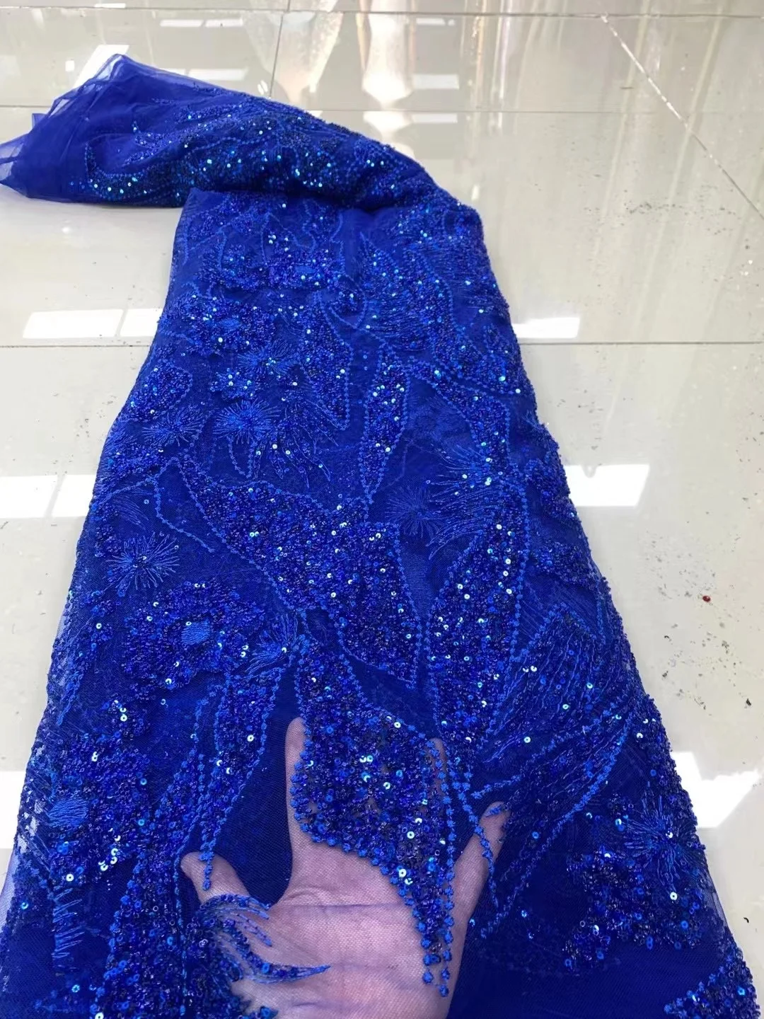 

2022 royal blue African Sequins Lace Fabric Luxury French Nigerian Beaded Mesh Lace Fabric High Quality Wedding Dress
