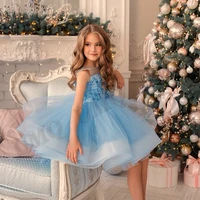 princess light blue beads flower girl dress toddler kids couture pleat birthday wedding party dresses costumes first comunion