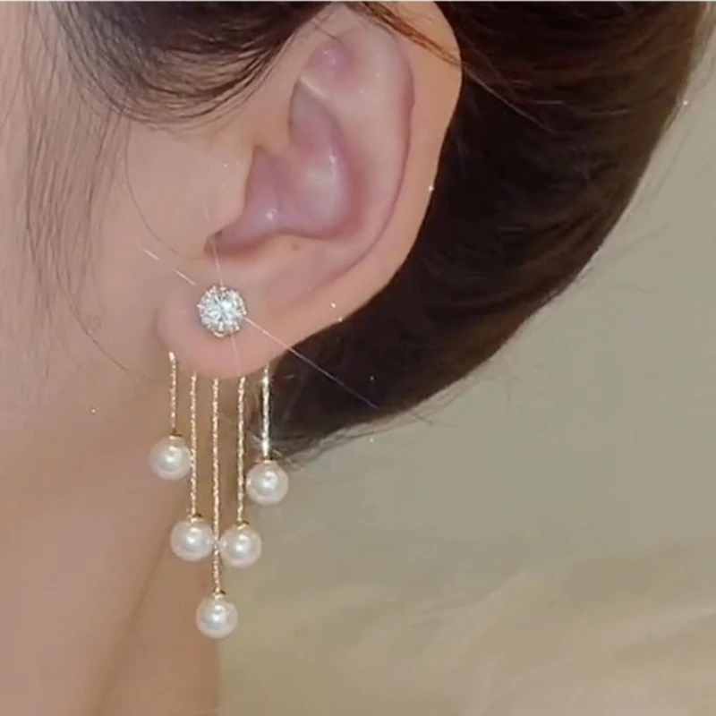 

Classic Rhinestone Pearl Zircon Earring Temperament Lady Long Fringe Earrings for Girls Princess Party Birthday Gift Jewelry