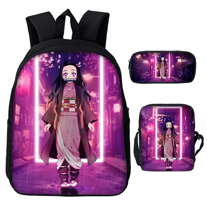 New Children Girls Boys Anime Backpacks 3 Piece Demon Slayer Nezuko Tanjirou Shoulder Bags 2022 Cute Kids Students Pen Bag Hot