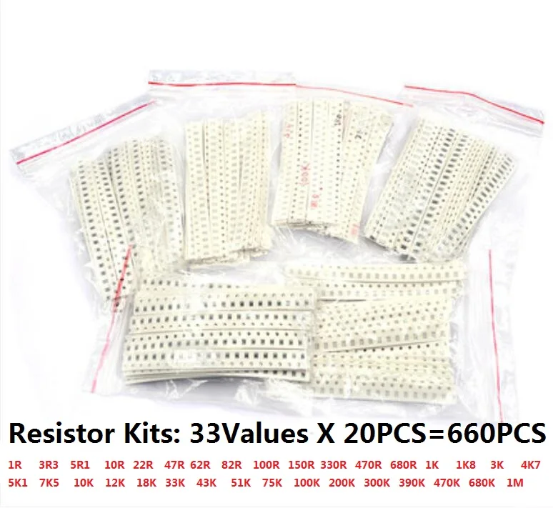 

Комплект резисторов 1206 SMD в ассортименте, 1 Ом-1М Ом 1% 33valuesX 20 шт. = 660 шт., набор образцов