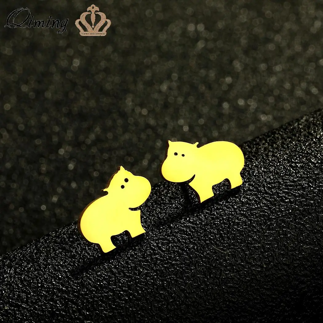 QIMING крошечные серьги-гвоздики в виде бегемота женские и детские ювелирные