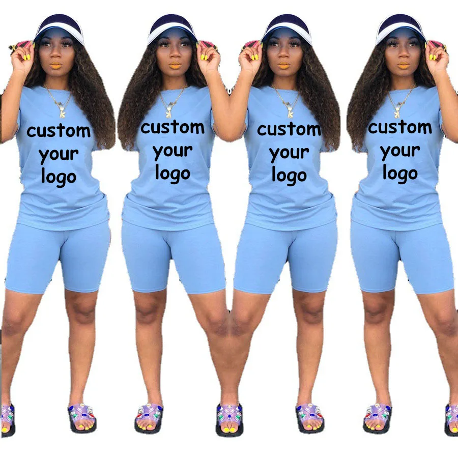 

Футболка и шорты с логотипом на заказ, однотонная женская футболка с круглым вырезом и рукавом средней длины, свободные спортивные шорты с эластичным поясом, Женский комплект