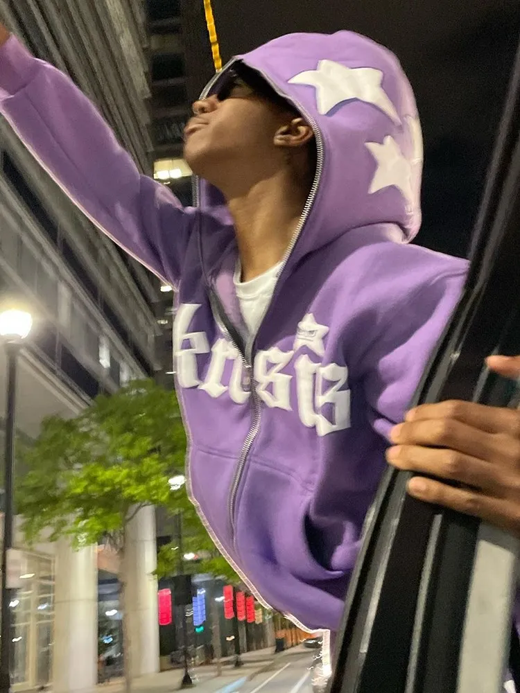 Толстовка Y2K мужская с капюшоном модная кофта оверсайз на молнии со звездами и