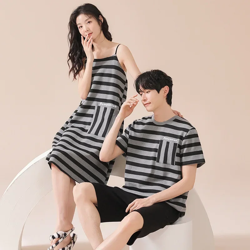 Парные хлопковые полосатые пижамы с короткими рукавами весна-лето домашняя