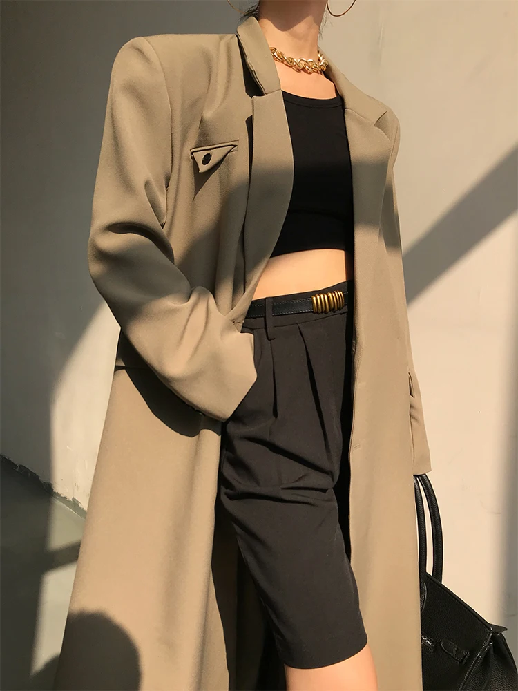 Модный Женский Тренч с отворотом свободное однобортное пальто длинным рукавом