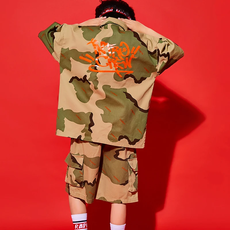 Костюм Джаз в стиле хип-хоп для девочек и мальчиков камуфляжный топ с коротким
