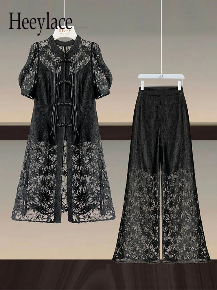 

Summer Sets For Women 2022 Elegant Lace Patchwork Short Sleeve Long Tops And Wide Leg Lace Pants 2 Pieces Sets Women Clothing