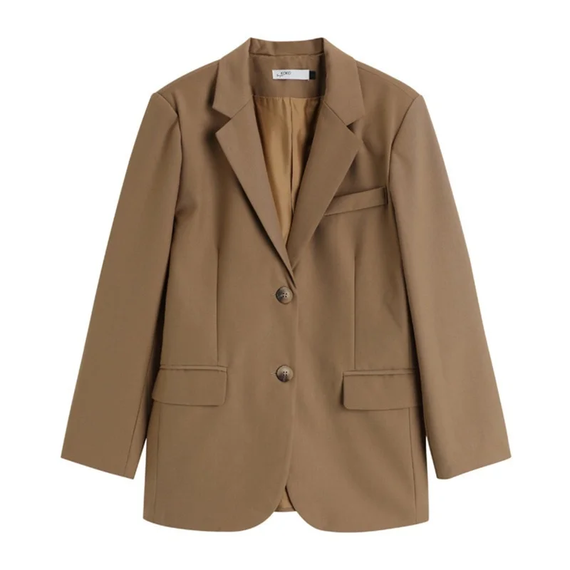 Retro Khaki Blazer Suit Women Solid Colors Single Breasted Casual Office Blazer 2023 New British Style Mid Length Commute Suit