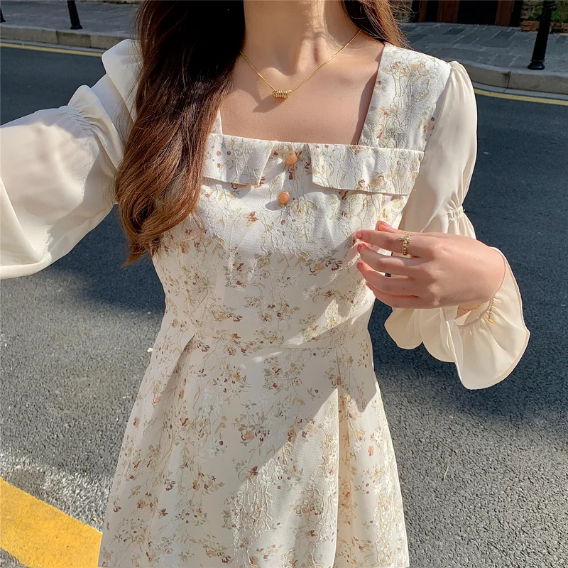 

Gaganight Women Square Neck Floral Dress 2022 Spring New Gentle Wind Mid length Temperament Vestidos Long sleeved Dresses Female