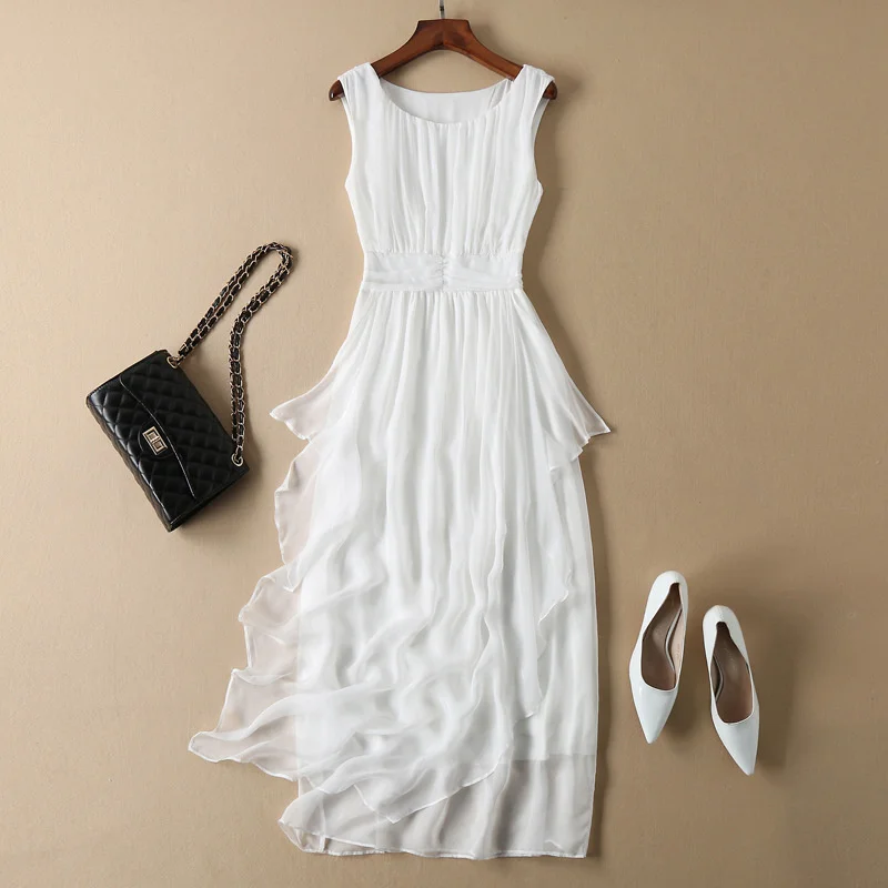 

100% Silk Summer Dresses for Women 2022 Bohemian Beach Dress Long White Dress Sleeveless Vestidos De Mujer Casual Gxy2