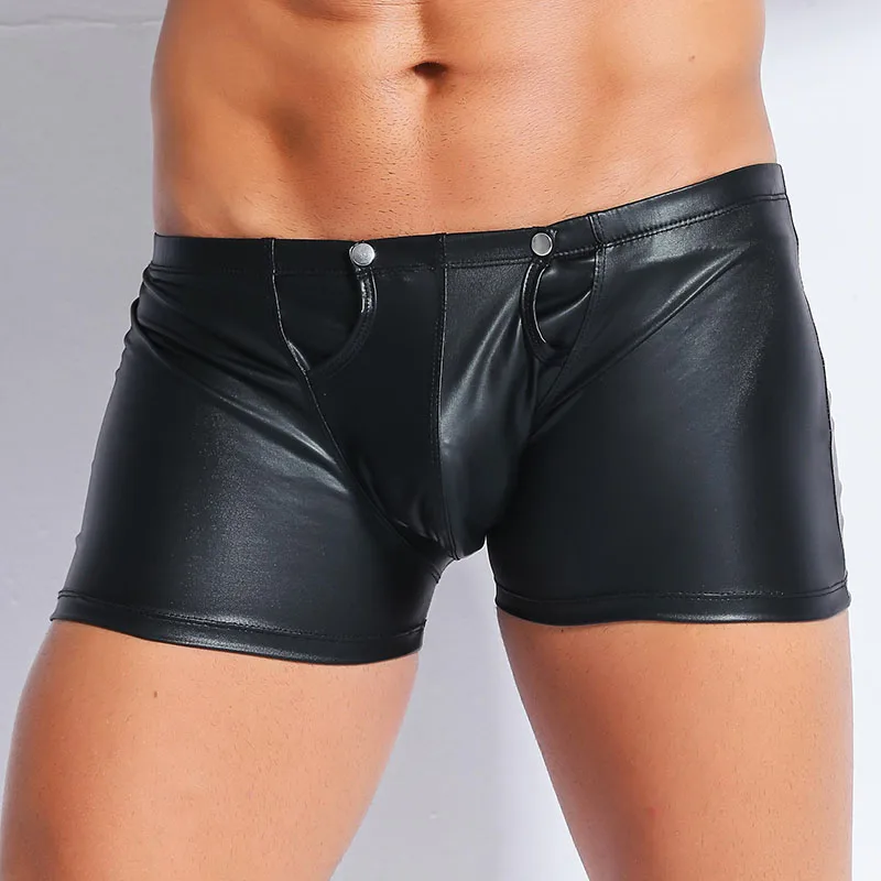 

AIIOU Sexy Black Boxer Shorts Underwear Faux Leather Gay Erotic Underpants Patent Wetlook Tight Zipper Sissy Pants Underwear