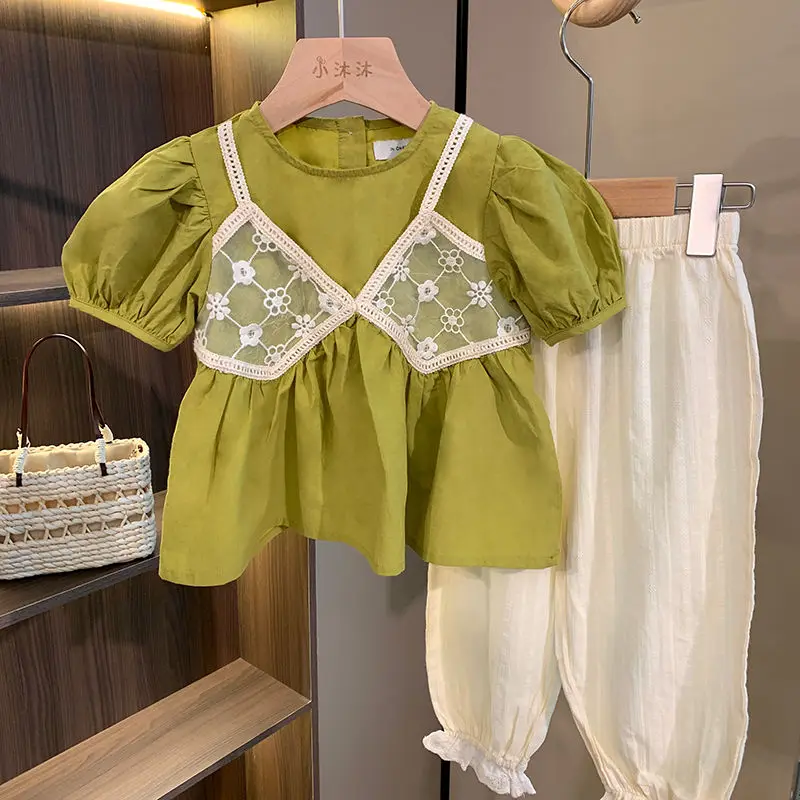 Girls' Suit 2022 Summer New Korean Style Girls' Shirt Top Lace Anti Mosquito Pants Western Style Fashion Two-Piece Suit