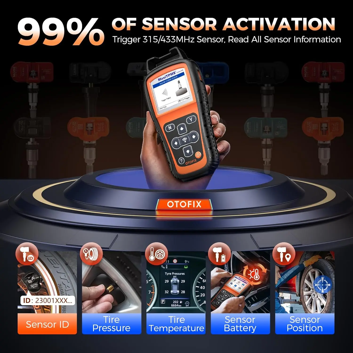 Фото Инструмент для программирования TPMS OTOFIX TireGo808, инструмент для перепрограммирования TPMS, активация всех датчиков, программирование MX-Sensor 315/433 МГц, мониторинг давления в шинах №1