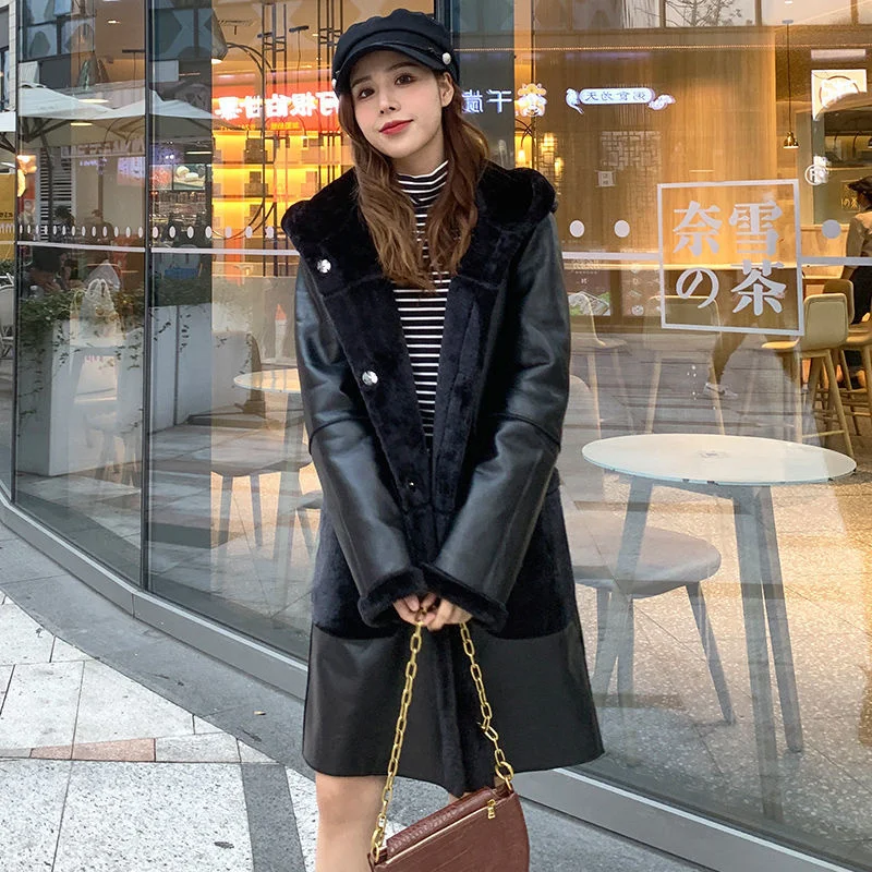 Winter Female 200 kg Hooded PU Leather Women Medium Long Imitation Fur One Coat Fur Shearling Slim Jacket  Women Stitching Coat