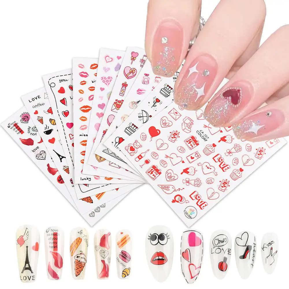 

1Pcs Valentines Day Nail Art Stickers Rose Red Hearts Sliders Abstract Face Image Love Letters Decals Manicure Holographic Foils