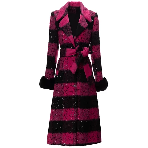 Женское однобортное пальто Seasixiang, зимнее пальто из смешанной шерсти и блесток, с длинным рукавом и карманами, на шнуровке, верхняя одежда