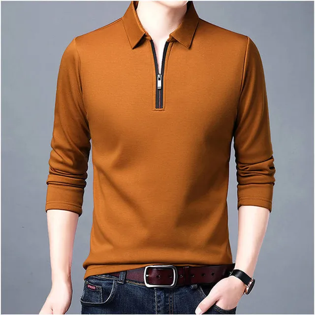 New Men's Solid Polo Shirt Lapel Long-sleeved Polos Shirt Zipper Collar Fashion Spring and Autumn Thin Shirt Casual Loose Tops 1