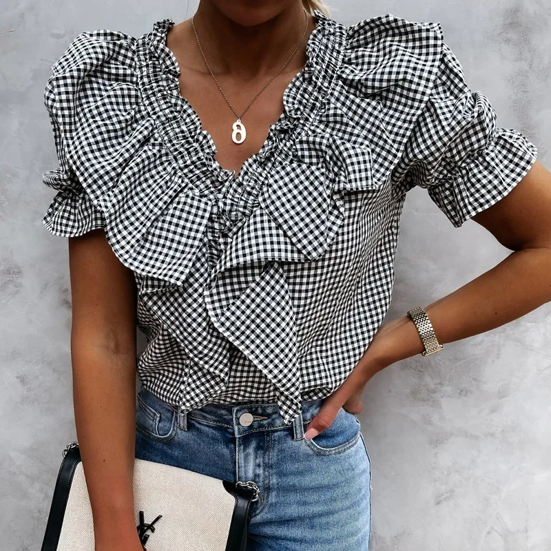 2022 New Summer Women V-Neck Short Sleeve Top Blouse Puff Sleeve Ruffles Plaid Pullover Top Shirt Loose Fashion Sweatshirt