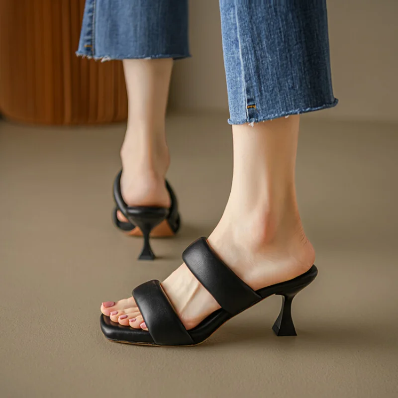 2023 Summer Pure Handmade Original Leather Stepping Poop Feeling Comfortable Fashion Square Head High Heel Sandals 32-44 A513