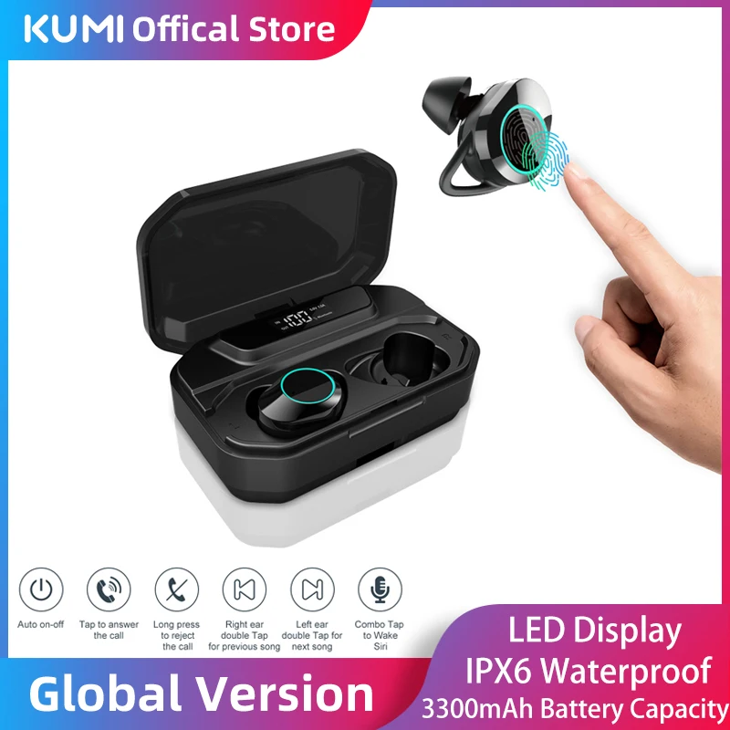 

KUMI T3S 3300mAh Charging Box TWS Bluetooth Earphone True Wireless LED IPX6 Waterproof Sports HiFi Stereo Bass In Ear Earbuds